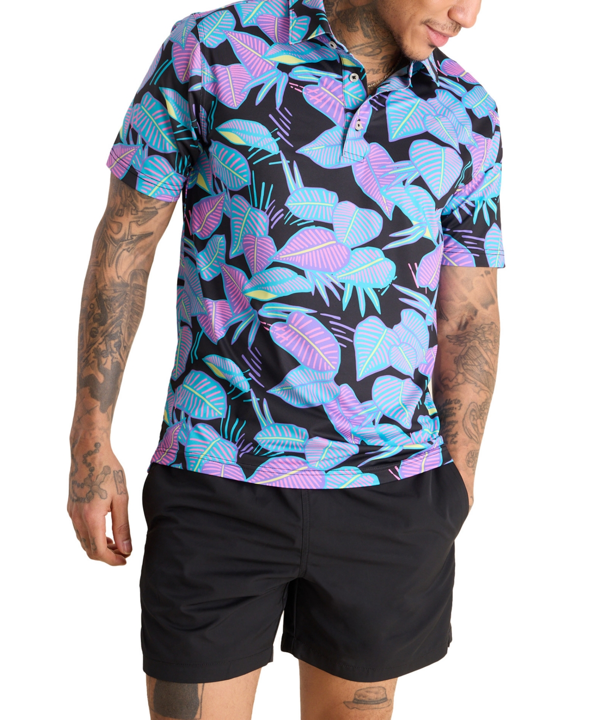 Men's The Fluorescent Funk Classic-Fit Printed Performance Polo Shirt - Black