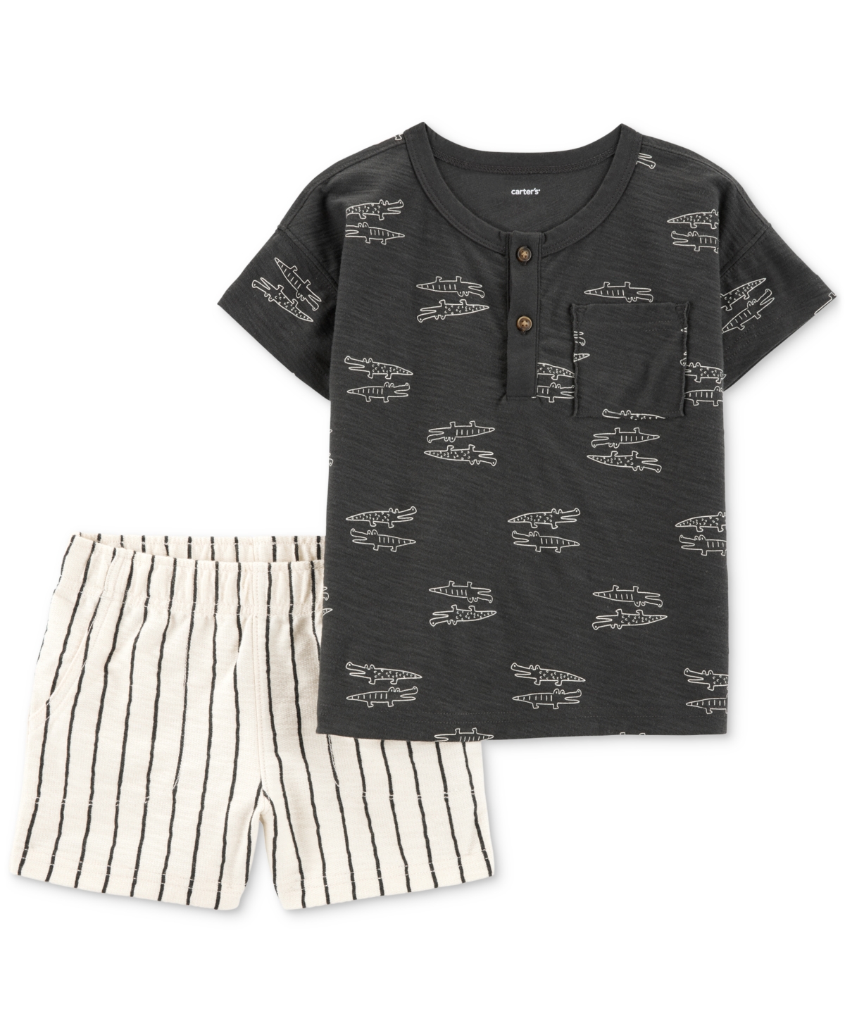 Carter's Toddler Boys Alligator Henley T-shirt & Striped Pull-on Shorts, 2 Piece Set In Black,white