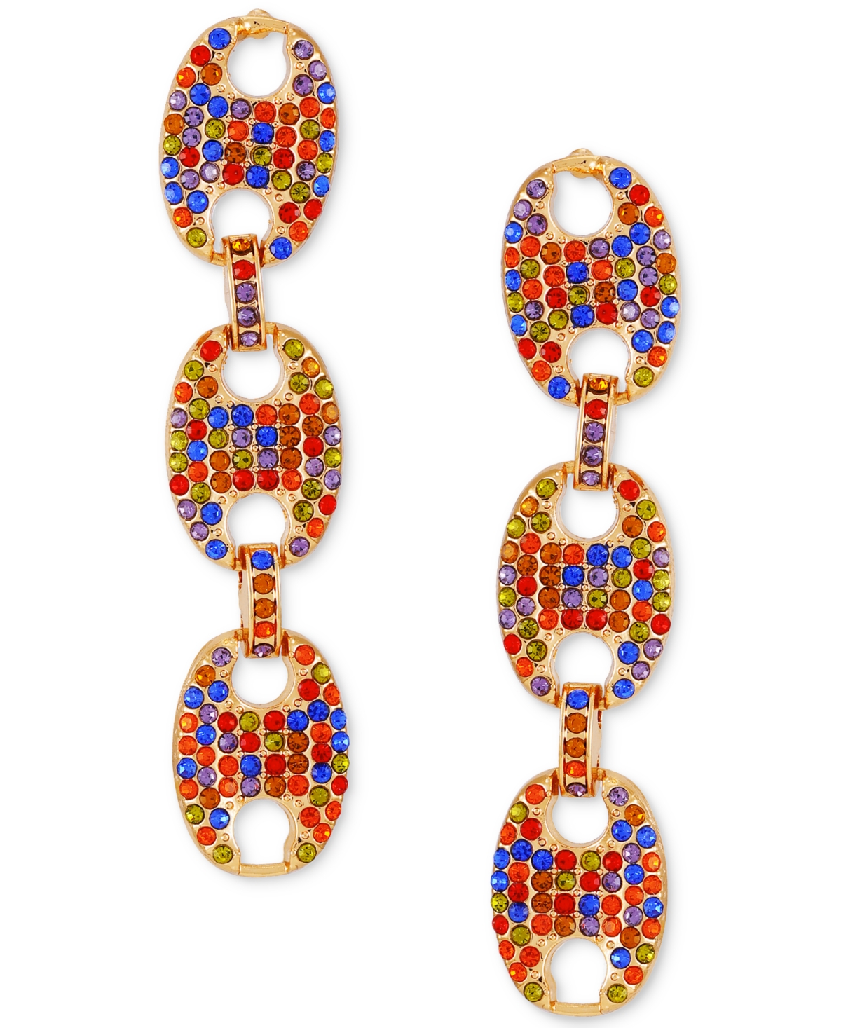 Gold-Tone Rainbow Rhinestone Large Link Linear Drop Earrings - Gold