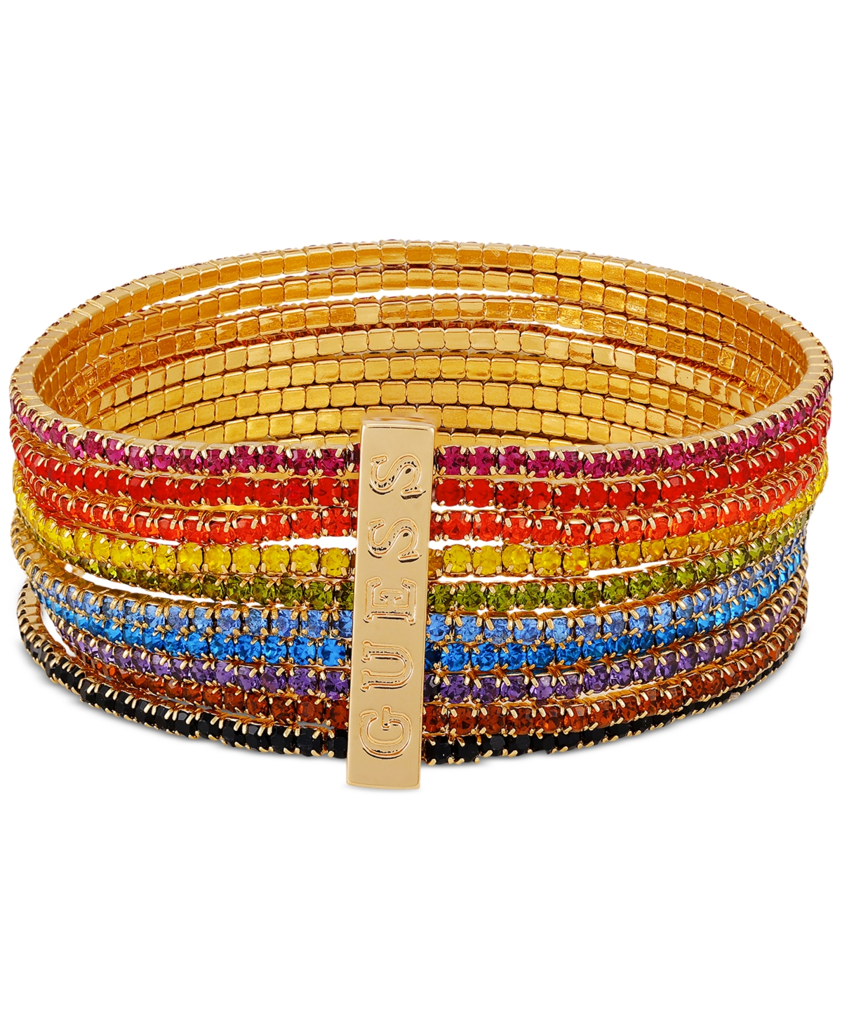 Gold-Tone Rainbow Rhinestone Multi-Row Stretch Bracelet - Gold