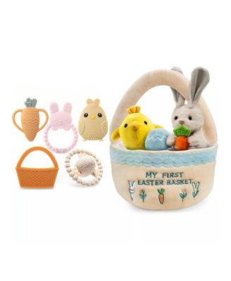 Toddler Easter Plush and Teether Playset, Includes Bunny, Carrot, Chicken, Rattle Egg & Basket, Perfect Sensory and Decorative Gift Newborns