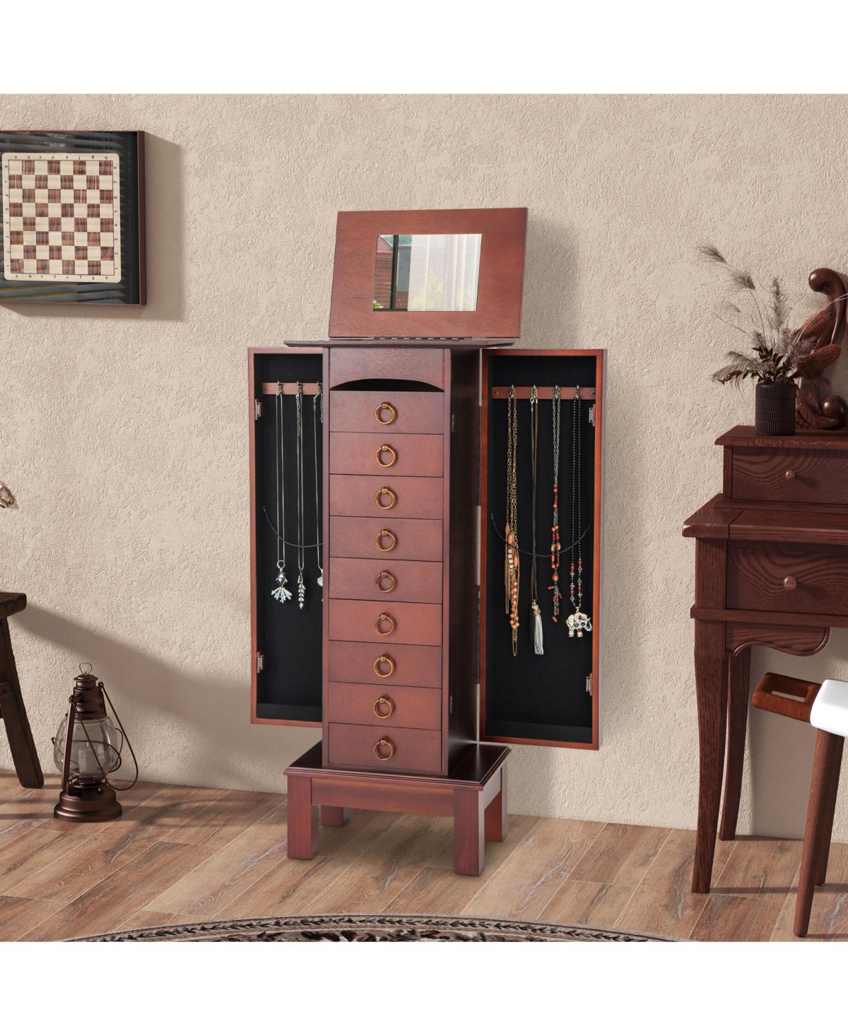 Wood Jewelry Cabinet Storage Chest Stand Organizer Necklace