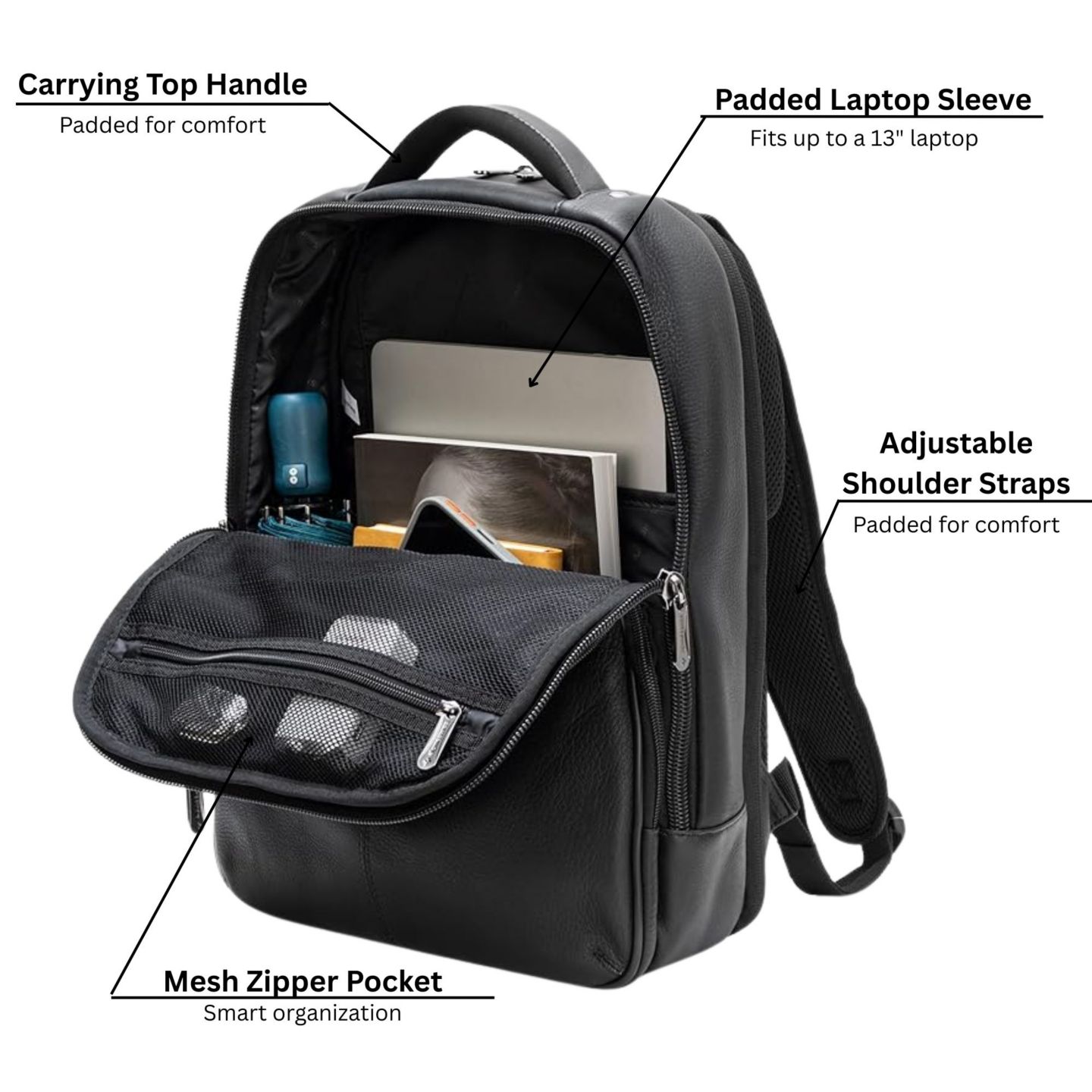 Рюкзак Alpine Swiss 13” Laptop Travel Genuine Leather Slim Carry On Daypack, цвет: Чёрный — фото 3