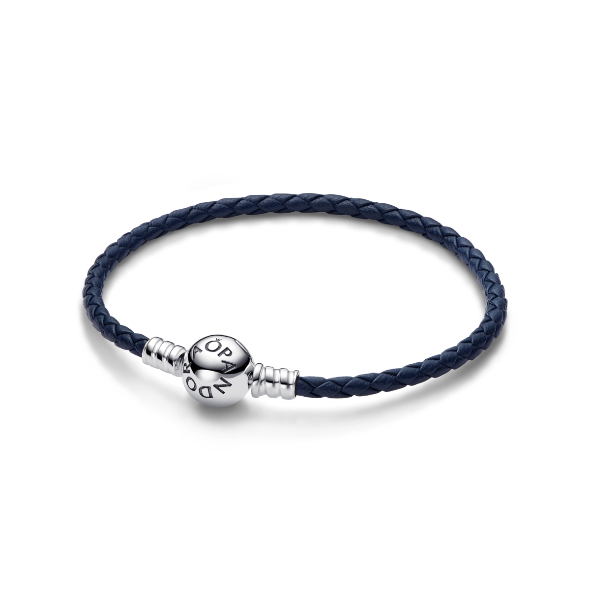 Pandora Moments Round Clasp Blue Braided Leather Bracelet In Sterling Silver