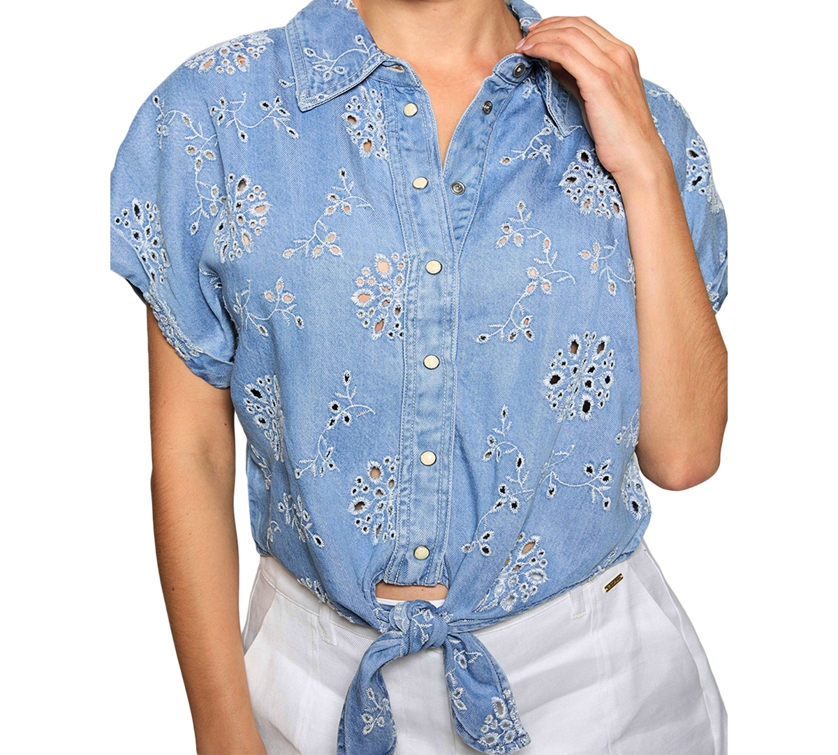 GUESS WOMEN'S BRIGITTE EYELET TIE-FRONT CAP-SLEEVE SHIRT 
