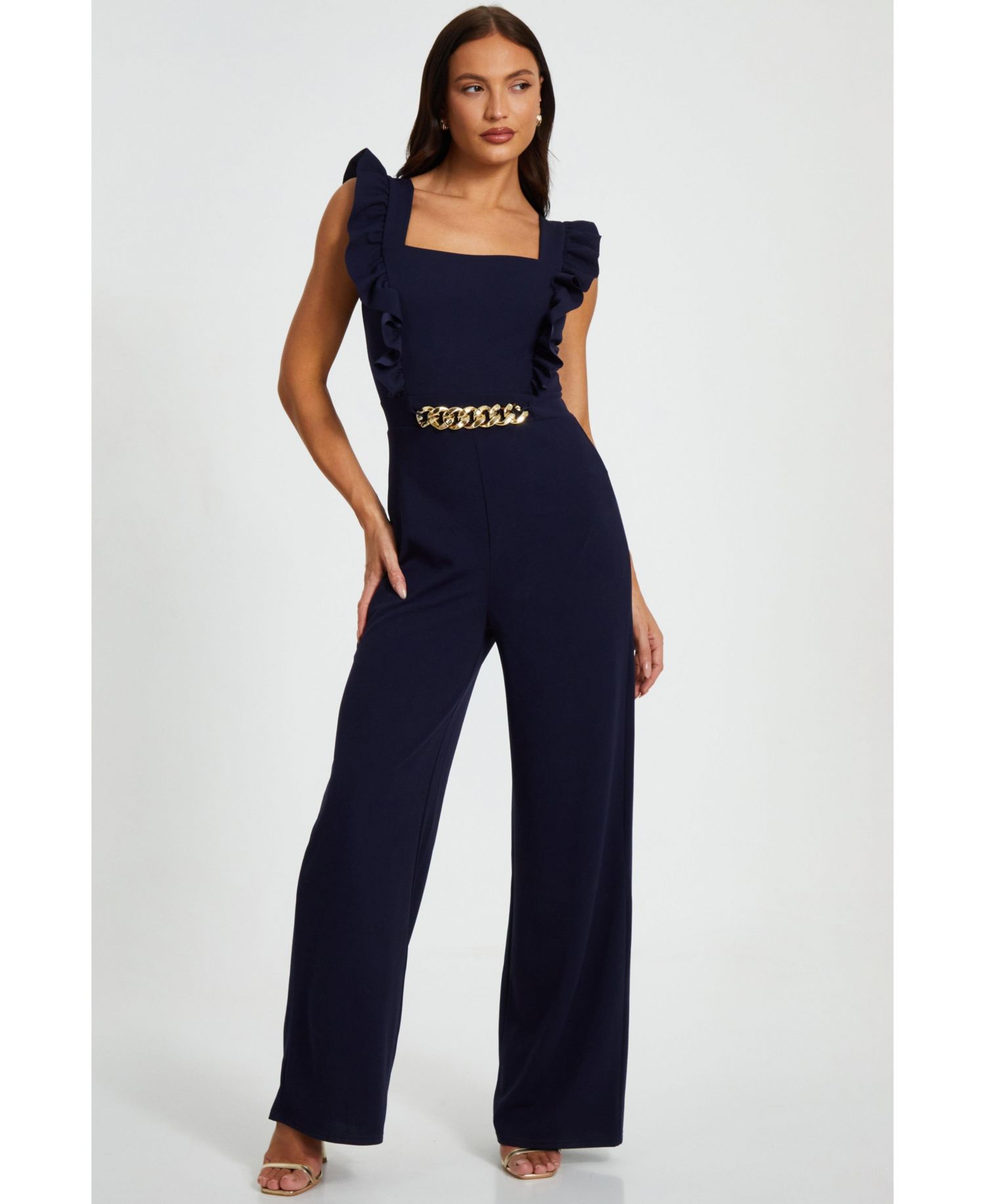 Women's Scuba Crepe Palazzo Frill Chain Jumpsuit - Red