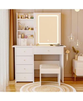 Vanity Desk with Sliding Mirror and LED Lights & Charging Station