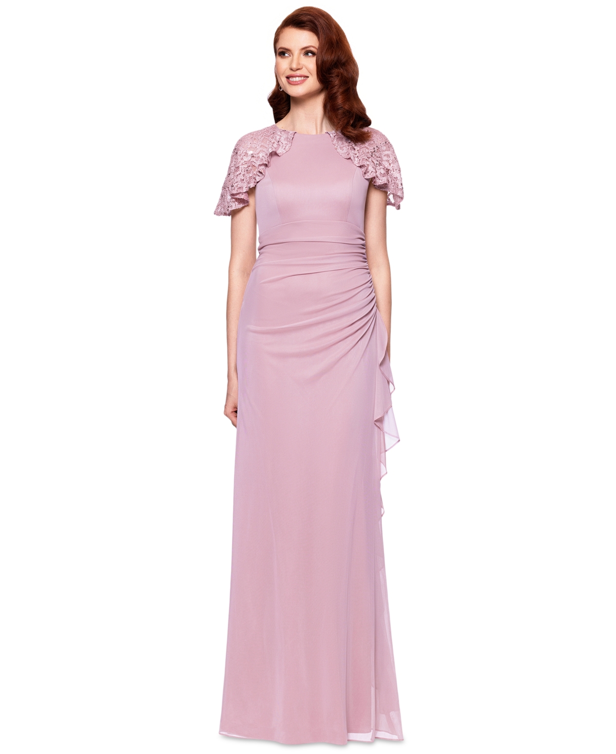Betsy & Adam Women's Draped Lace-Sleeve Gown - Rose