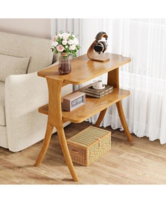 Narrow Side Table for Living Room, Farmhouse End Table with 2-Tier Storage Shelf and Solid Wood Legs, Slim Modern Bedside Table Nightstand for Bedroom, Small Spaces, Entryway, Brown(2)