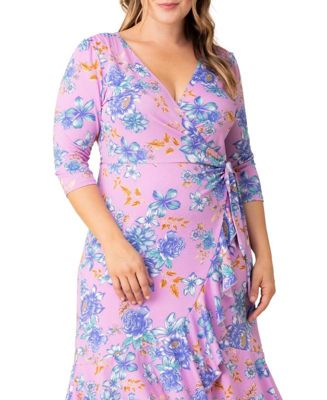 Plus Size Flirty Flounce 3/4-Sleeve Midi Wrap Dress