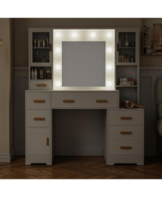 Makeup Vanity Desk with Mirror, Lights, Charging Station, 7 Drawers and 3 Cabinets