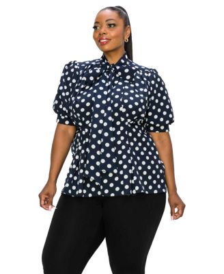 Plus Size Minnie Polka Dot Tie Neck Blouse