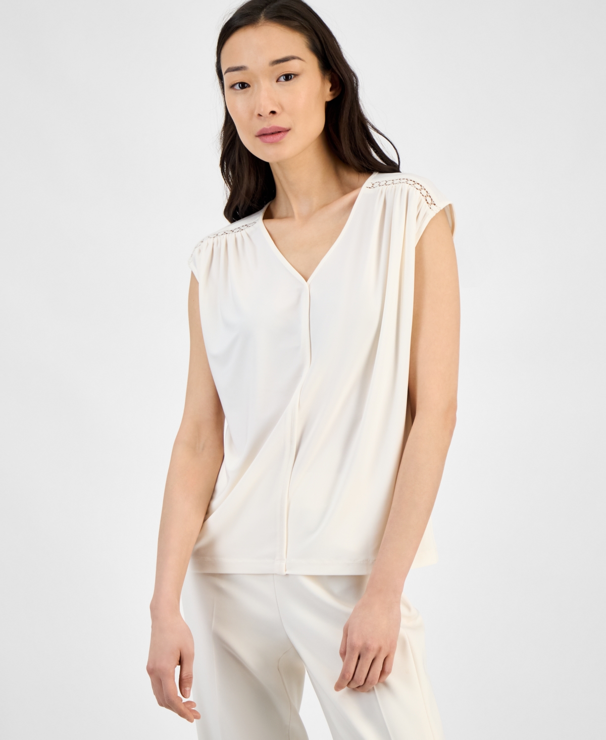 Petite V-Neck Sleeveless Extended-Shoulder Top - White Dove