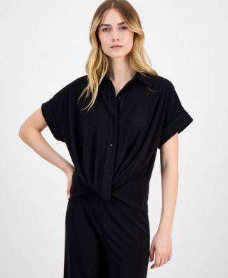 Womens Solid Twist Front Button Down Textured Crepe Knit Top Xxs P Xxl