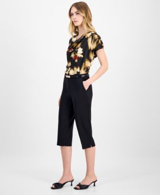 Women's Belted Pedal-Pusher Urban-Stretch Pull-On Capri Pants