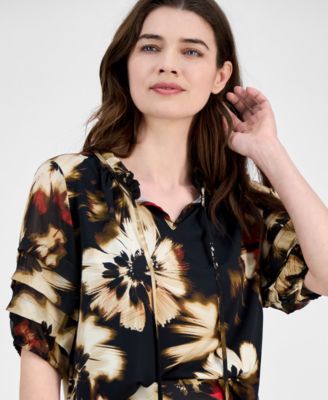 Petite Floral-Print Ruched-Sleeve Top