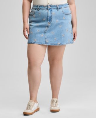 Trendy Plus Size Floral-Embroidered Denim Skirt, Exclusively at Macy's