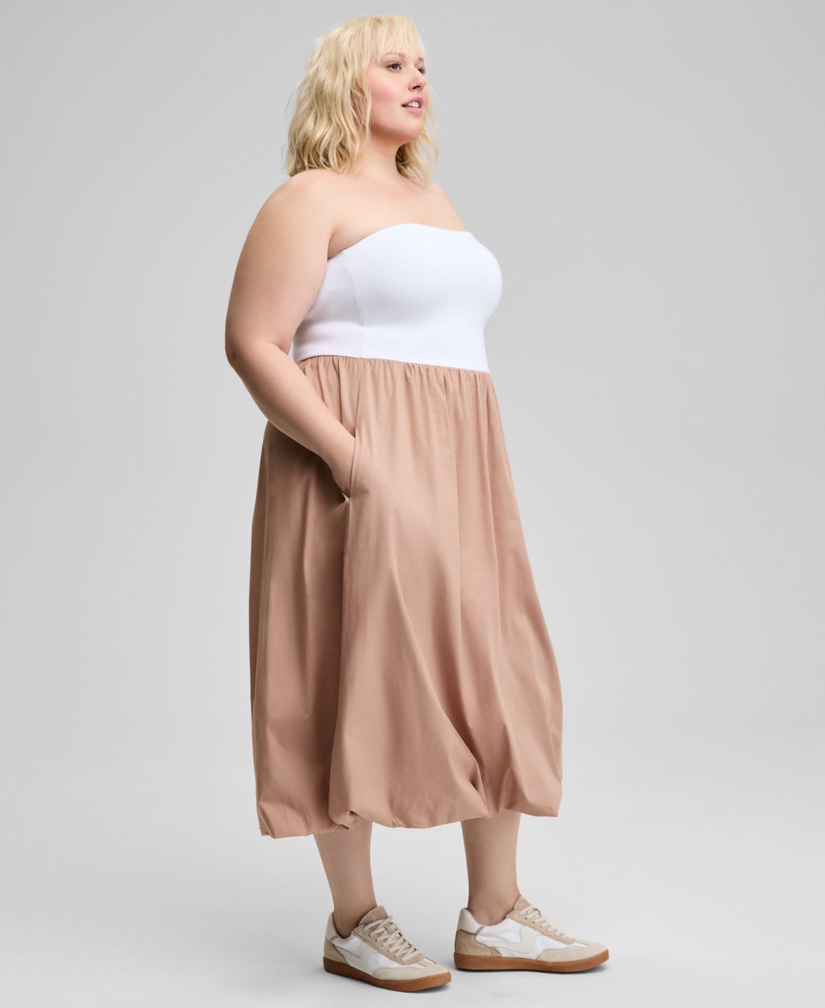 And Now This Women's Strapless Mixed Media Bubble-hem Midi Dress, Exclusively At Macy's In Nude