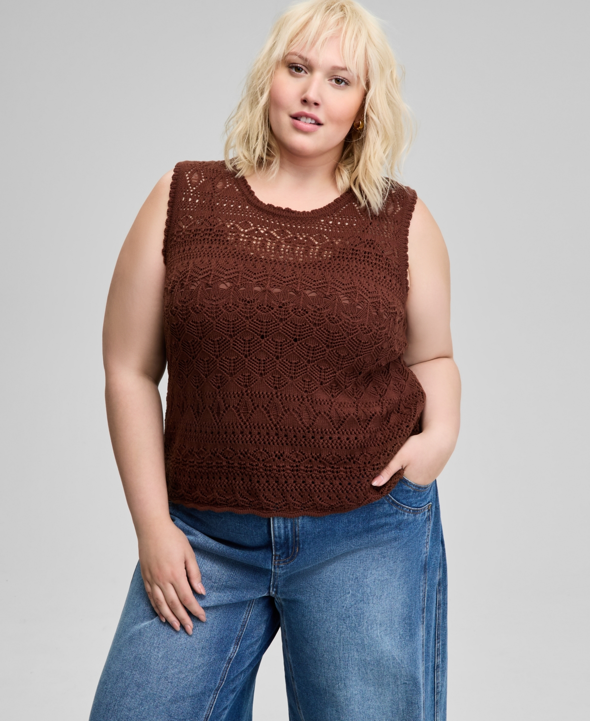 And Now This Trendy Plus Size Crochet Sleeveless Top, Created For Macy's In Brown