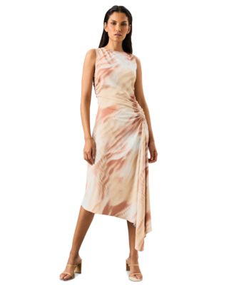 Women's Printed Ruched Asymmetrical Midi Dress