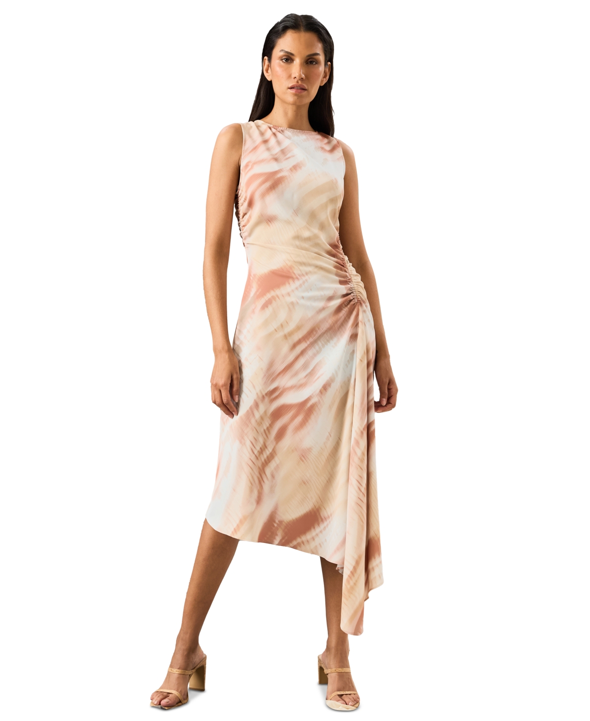 Luxely Women's Printed Ruched Asymmetrical Midi Dress In Light White Smoke,buff