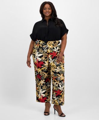 Anne Klein - Plus Size Floral-Print Wide-Leg Pants