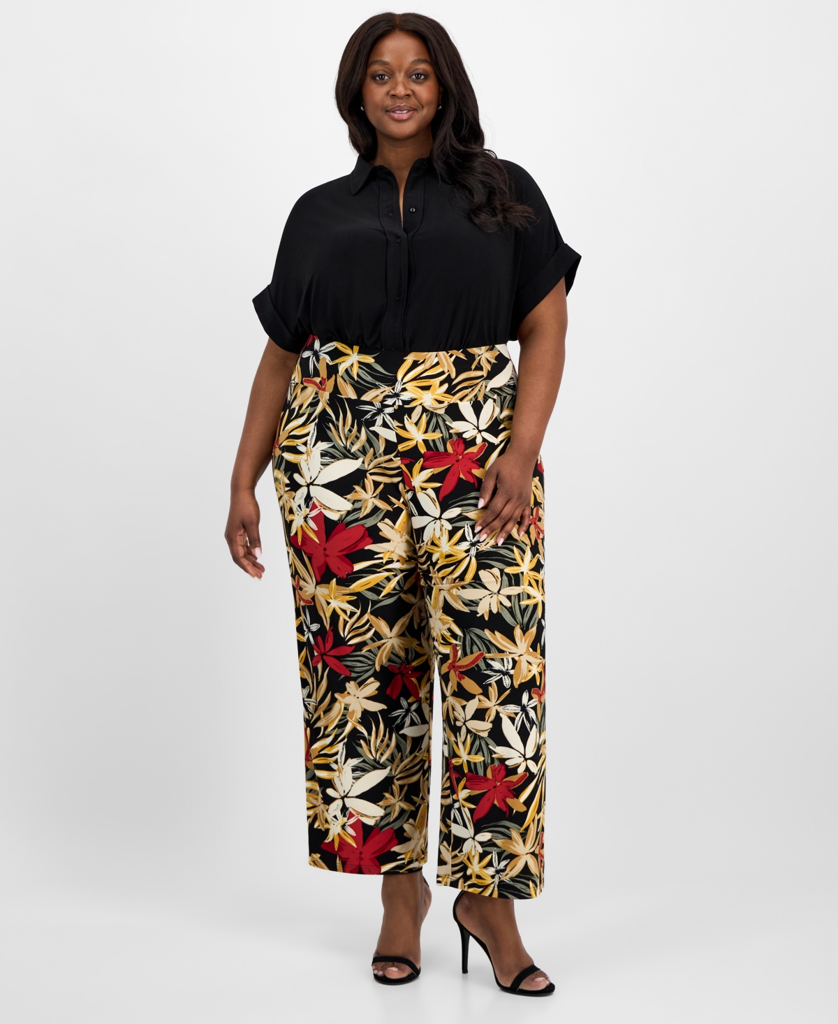 Plus Size Floral-Print Wide-Leg Pants - Anne Black Multi