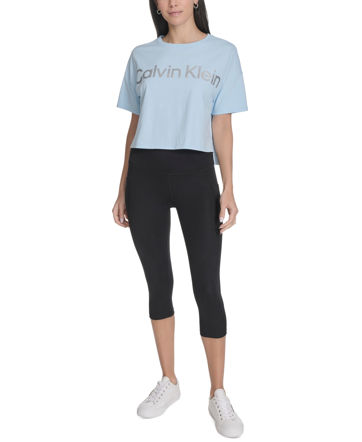 Calvin Klein Performance Women's Glitter Logo High-low Cropped Tee In Blue