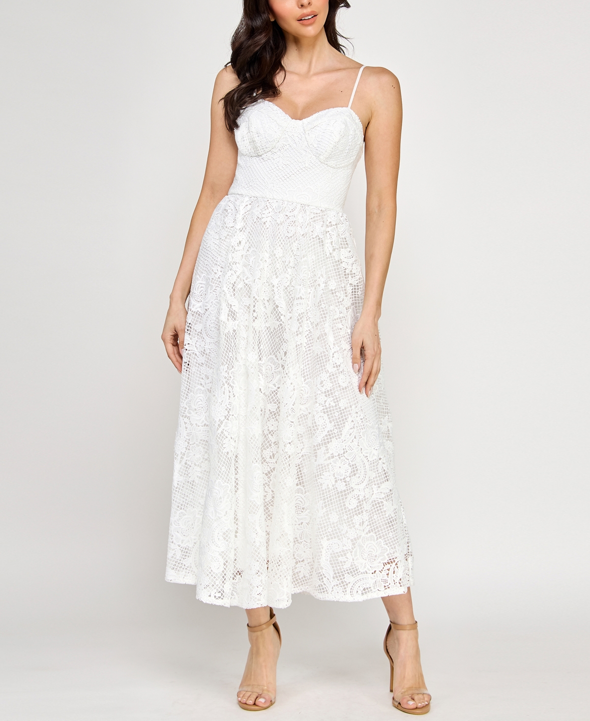 Juniors' Sleeveless Lace Fit & Flare Midi Dress - Ivory