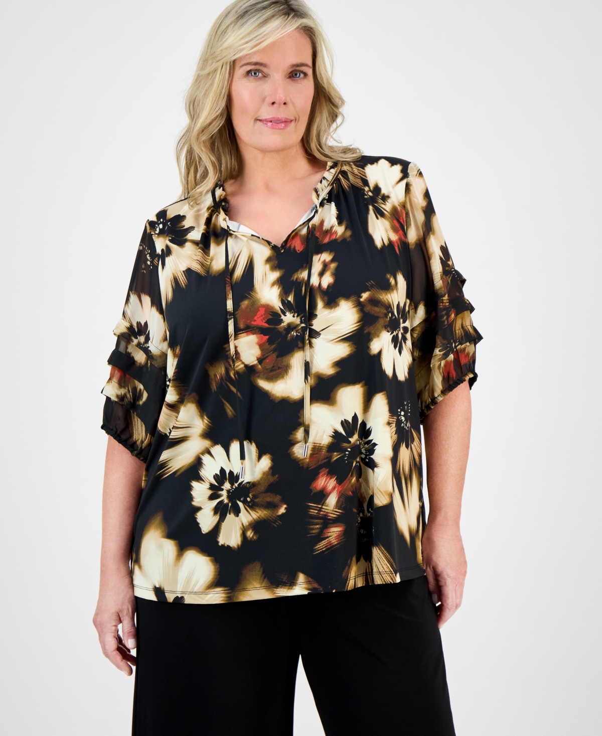 Plus Size Printed Pleated-Sleeve Blouse - Anne Black Multi
