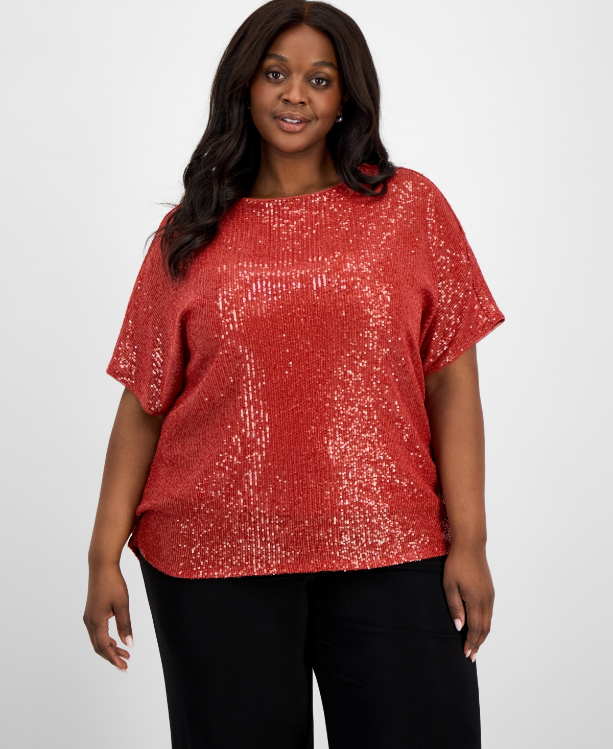 Plus Size Sequin Dolman-Sleeve Boat-Neck Top - Olive Palm