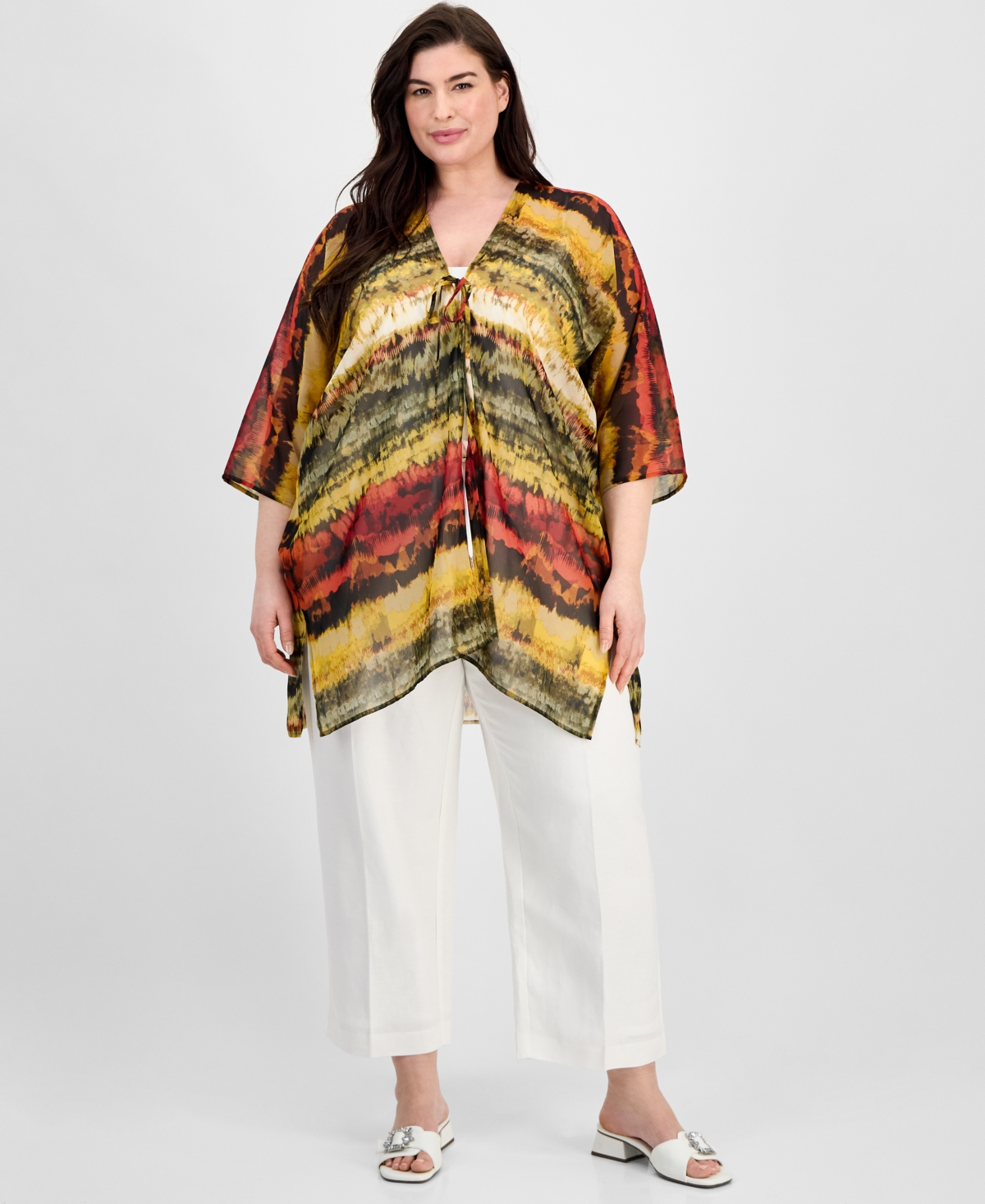 ANNE KLEIN PLUS SIZE OPEN-FRONT SCARF-PRINT KIMONO 