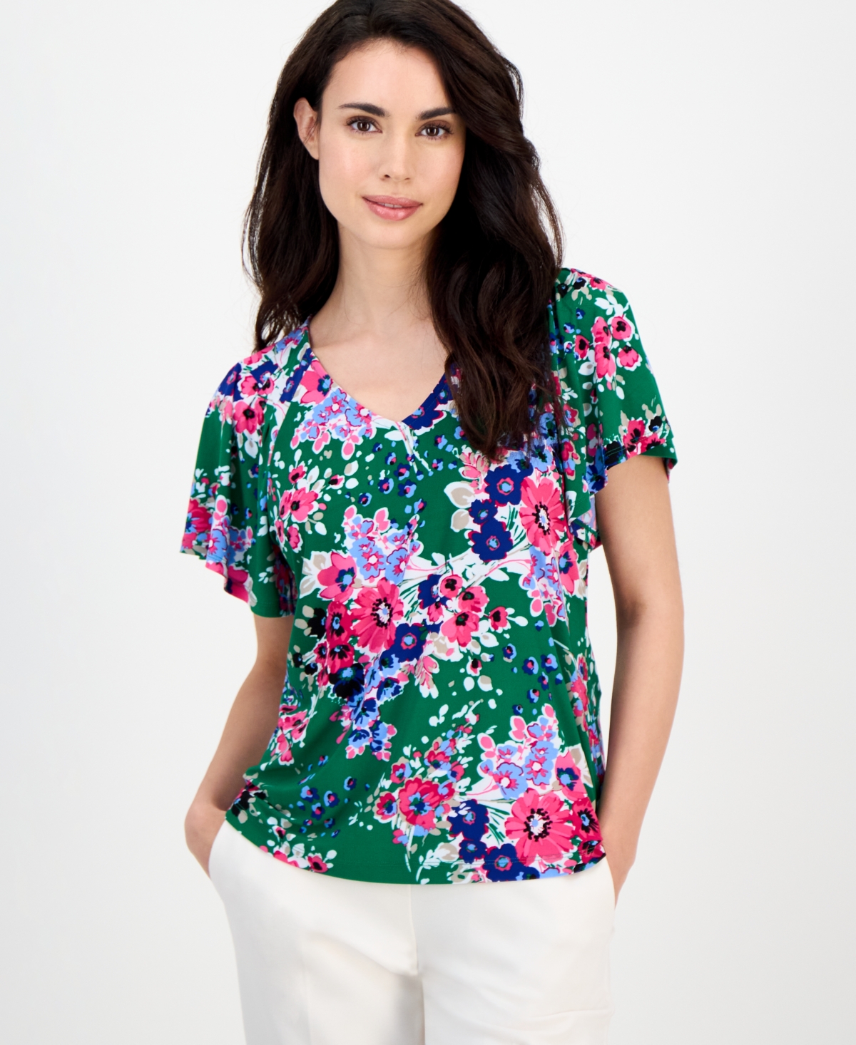 Ak Anne Klein Petite Printed V-neck Flutter-sleeve Top