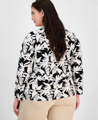 Plus Size Button Roll-Tab Printed Blouse 