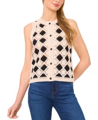 CeCe - Women's Cotton Contrast-Pattern Sleeveless Cardigan