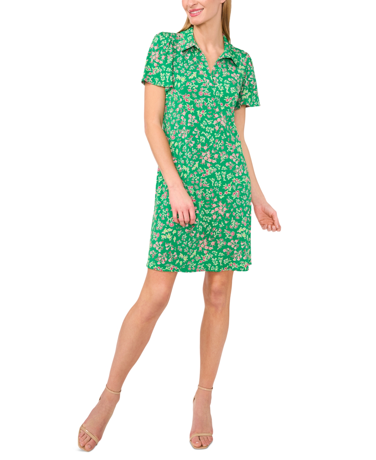 Women's Short-Sleeve Printed Knit Polo Dress - Medium Green