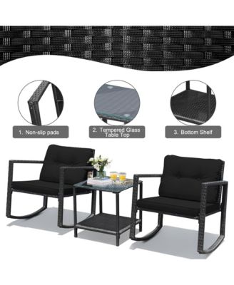 Set of 3 Rattan Patio Furniture Set Rocking Chair Set w/ Cushions Table
