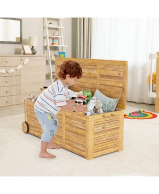 Rolling Patio Wooden Deck Box with 2 Wheels and Side Handle for Outdoor