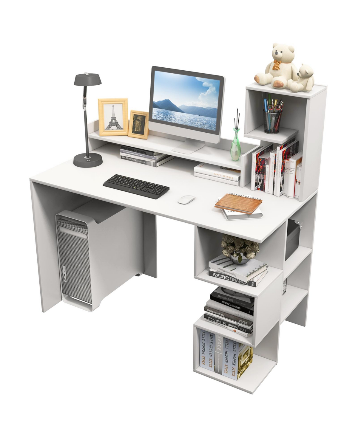 Modern Computer Desk with Storage Bookshelf and Hutch for Home Office