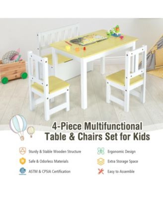 4 Pieces Kids Wooden Activity Table and Chairs Set with Storage Bench and Study Desk