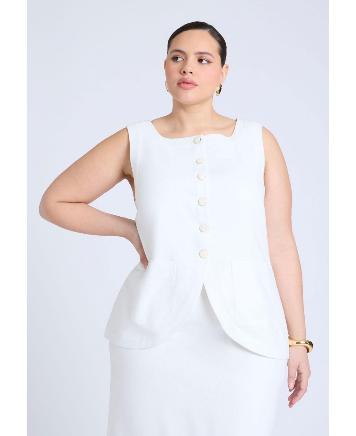 Plus Size Square Neck Scoop Hem Linen Blend Vest - Black onyx