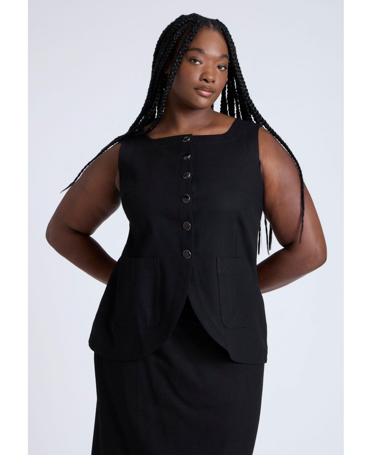 Plus Size Square Neck Scoop Hem Linen Blend Vest - Black onyx