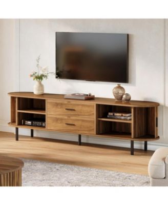 70" Walnut Wood TV Stand Fluted Tambour Doors Drawers & Adjustable Shelves Mid-Century Entertainment Console