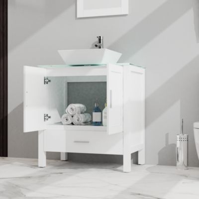 30" White Bathroom Vanity and Sink Combo Glass Top Cabinet With Mirror