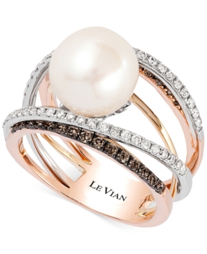 image of Le Vian Fresh Water Pearl (10mm) and Diamond (3/4 ct.t.w.) Ring in 14k White, Yellow and Rose Gold