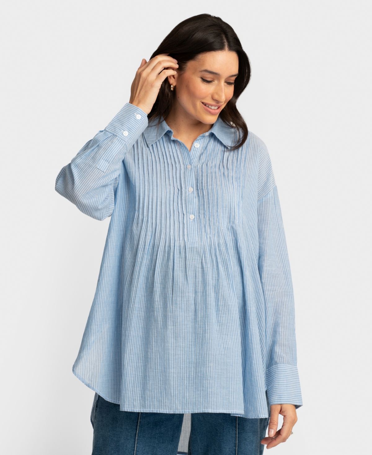 Women's Maternity Pintuck Ticking-Stripe Shirt Top - Blue