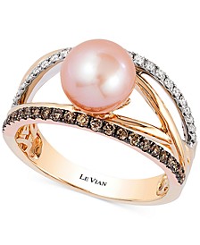 Chocolatier® Pink Freshwater Pearl (8mm) and Diamond (3/8 ct. t.w.) Ring in 14k White, Yellow and Rose Gold 