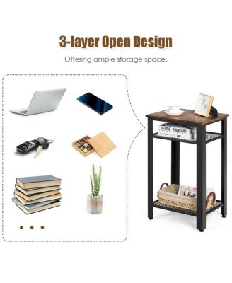 3-Tier Industrial End Table with Metal Mesh Storage Shelves