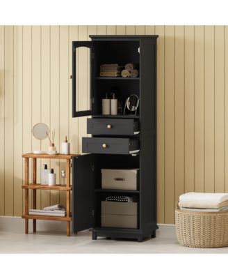 63&amp;#x22; MDF Tall Bathroom Storage Cabinet with Glass Doors, Drawers and Adjustable Shelves
