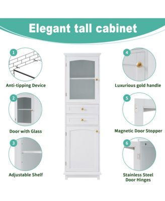 63" MDF Tall Bathroom Storage Cabinet with Glass Doors, Drawers and Adjustable Shelves